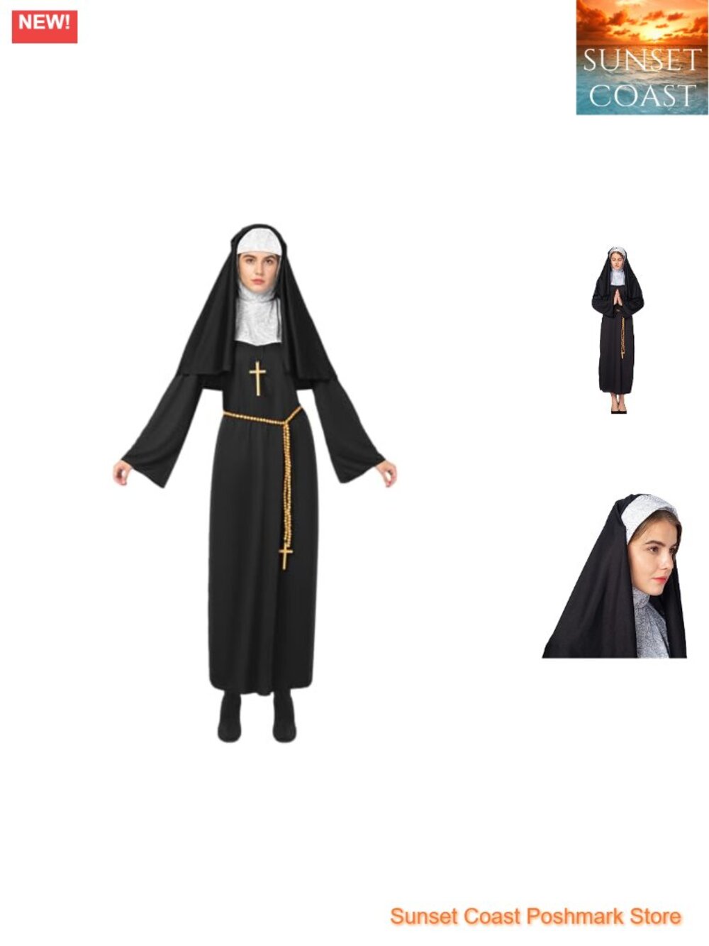 Nun Costume Set Dress Hood Collar Cross Necklace Belt Women Halloween